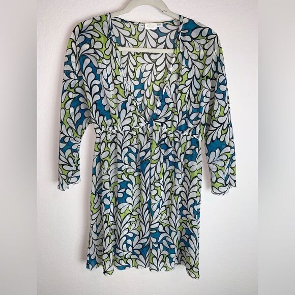 Daniel Benjamin: A deep V-neck sheer blouse in lovely shades of blue and green - Picture 1 of 7